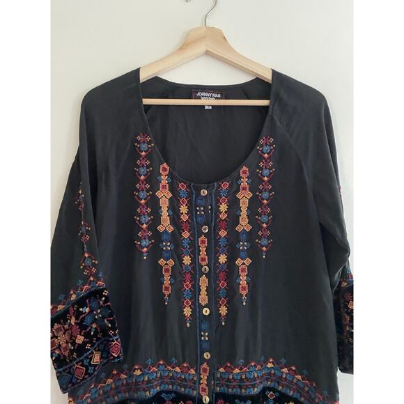 JOHNNY WAS Vika Black Velvet Embroidered Peasant Blouse Tunic Size Small - Picture 6 of 6